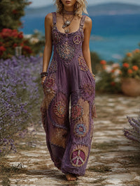 Women's Retro Style Art Print Washed Cotton Denim Patchwork Jumpsuit