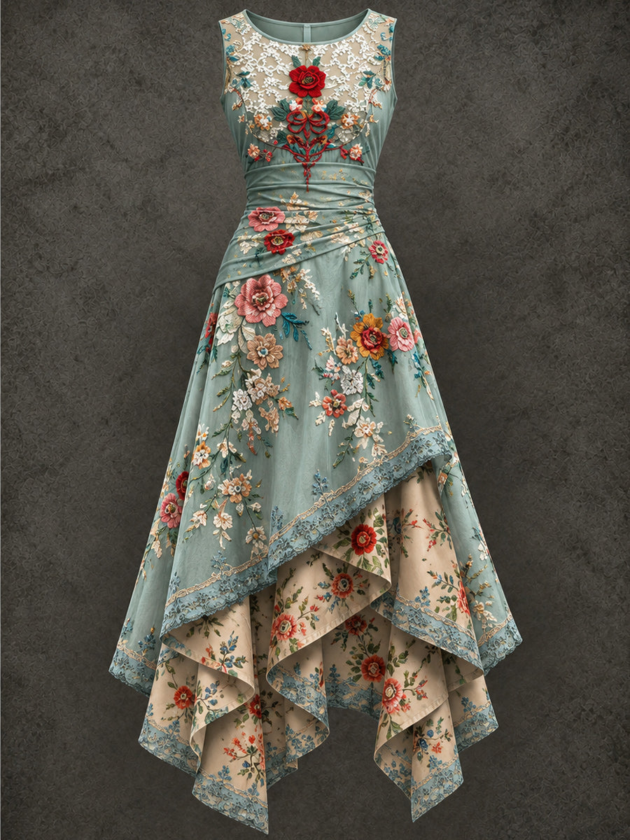Retro Art Printed Vintage Sleeveless Irregularly Layered Stitched Midi Dress