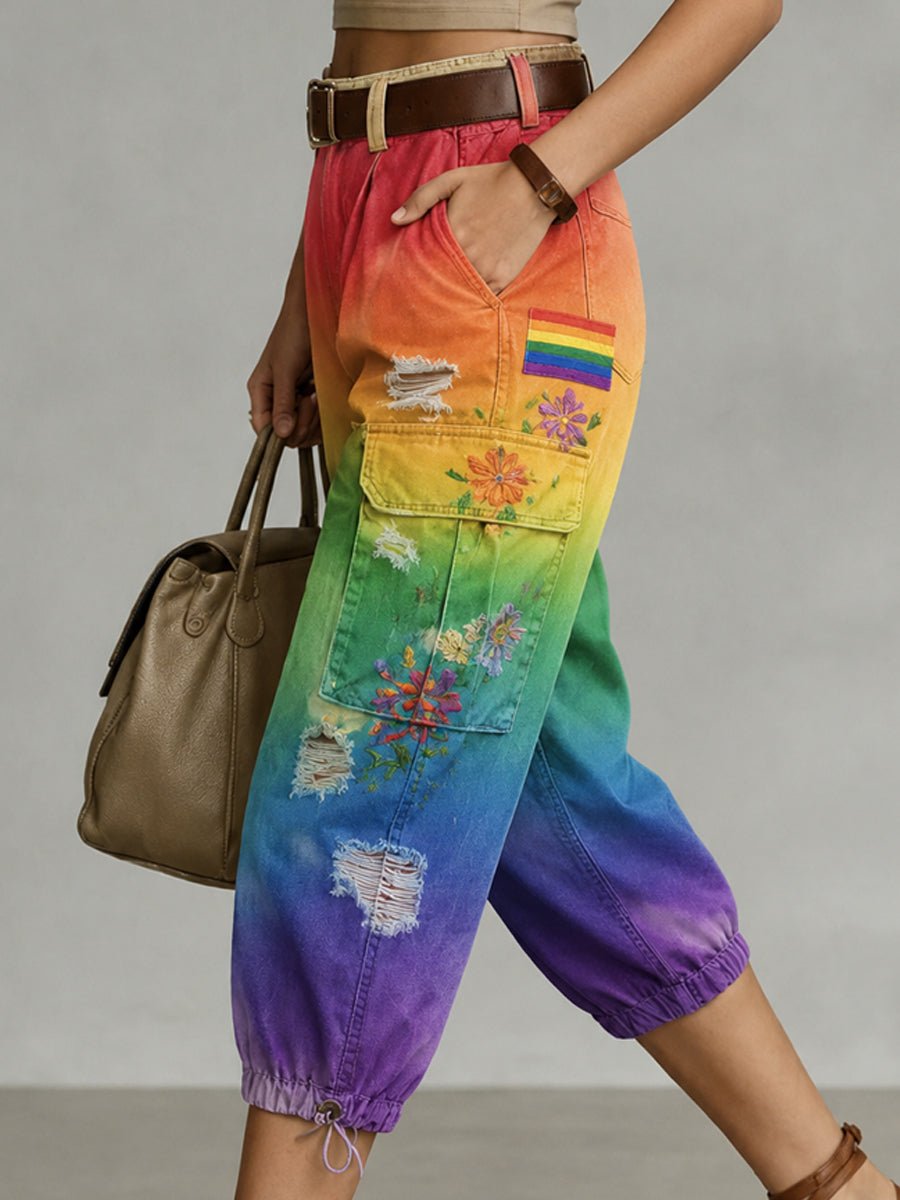 Retro Style Floral Print Vintage Casual Denim Capri Trousers