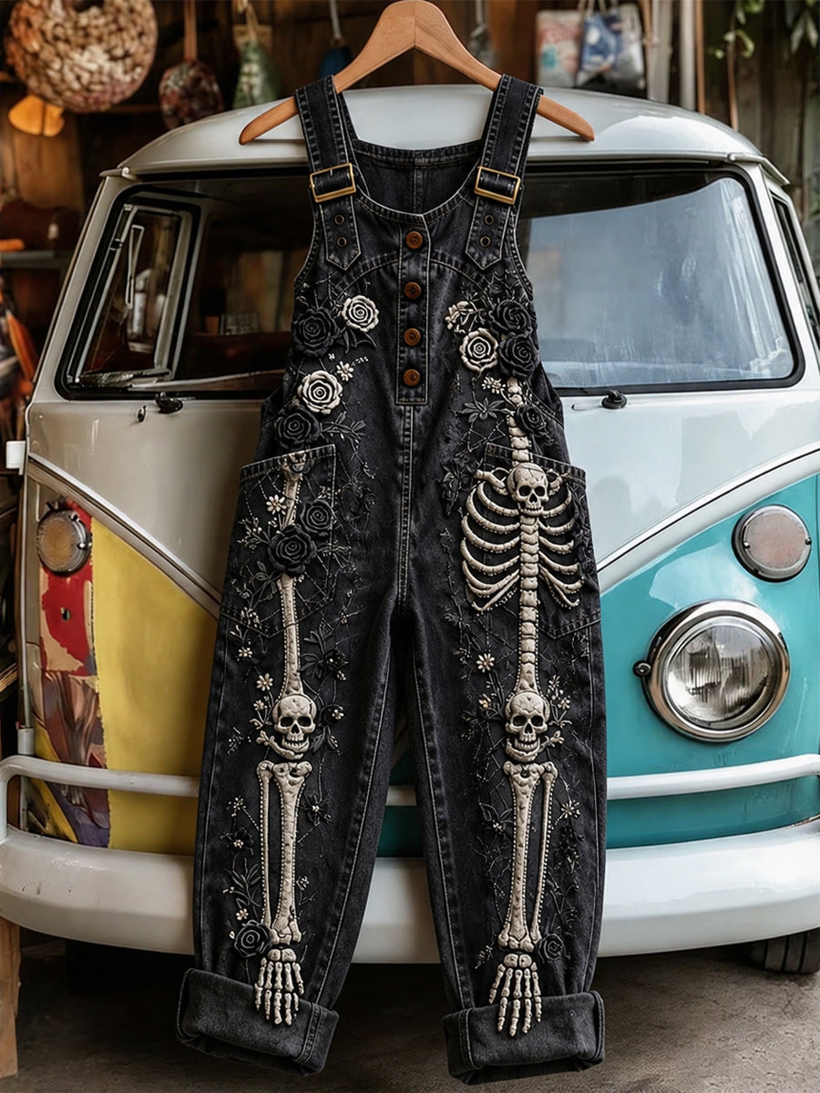 Women's Retro Style Art Print Washed Cotton Denim Patchwork Jumpsuit
