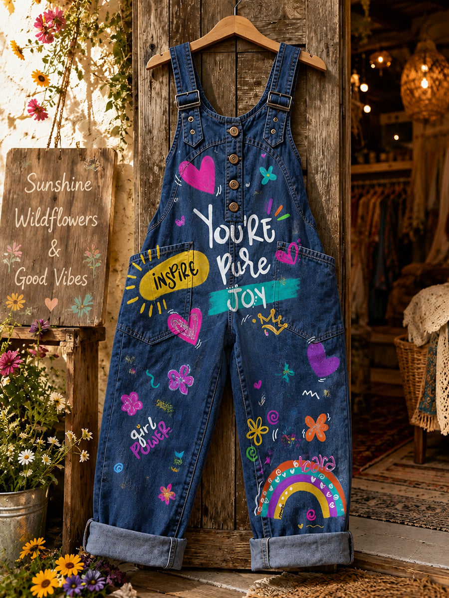 Women's Retro Style Art Print Washed Cotton Denim Patchwork Jumpsuit
