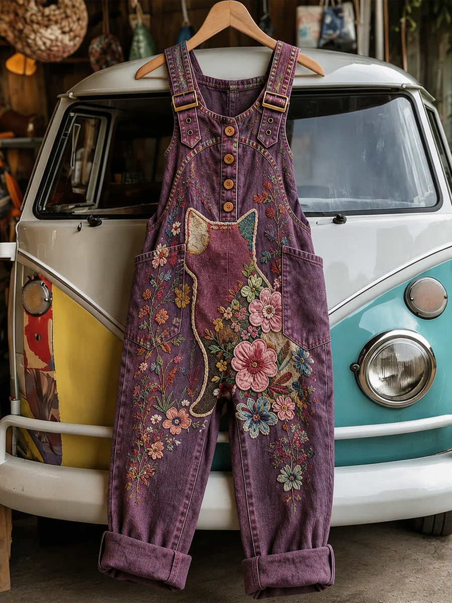 Women's Retro Style Art Print Washed Cotton Denim Patchwork Jumpsuit