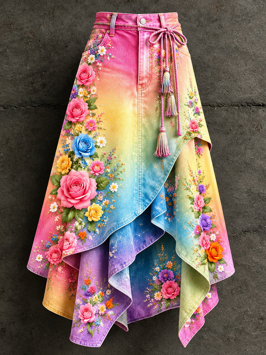 Women's Retro Style Art Print Irregularly Layered Stitched Skirt