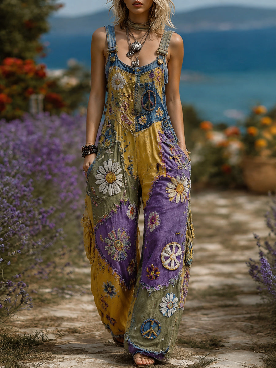 Women's Retro Style Art Print Washed Cotton Denim Patchwork Jumpsuit