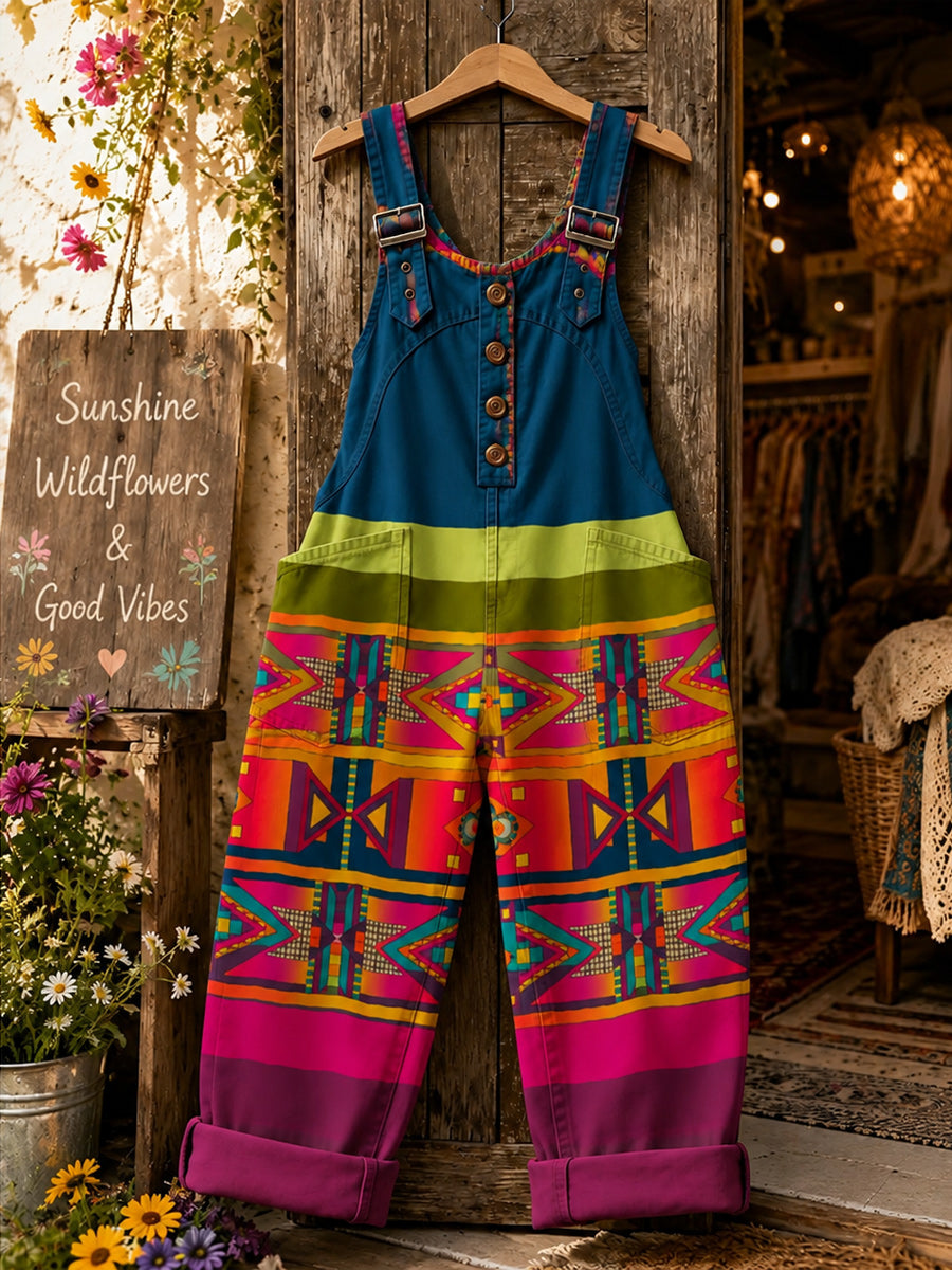 Women's Retro Style Art Print Washed Cotton Denim Patchwork Jumpsuit