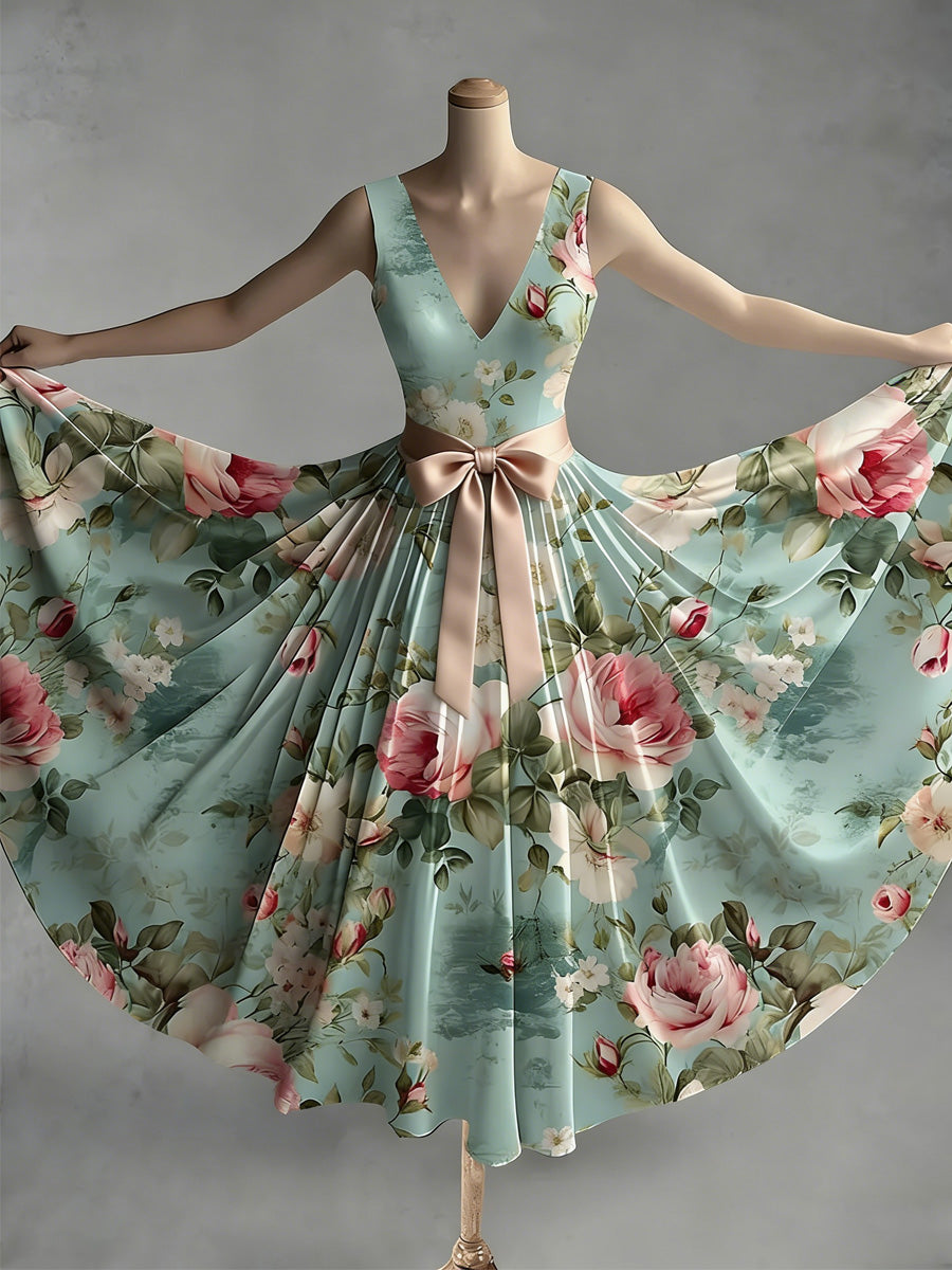 Retro Style Art Print V-Neck Sleeveless Cotton Maxi Dress