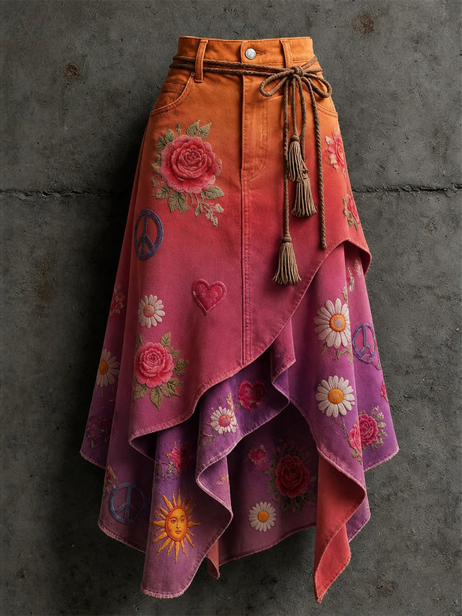 Women's Retro Style Art Print Irregularly Layered Stitched Skirt