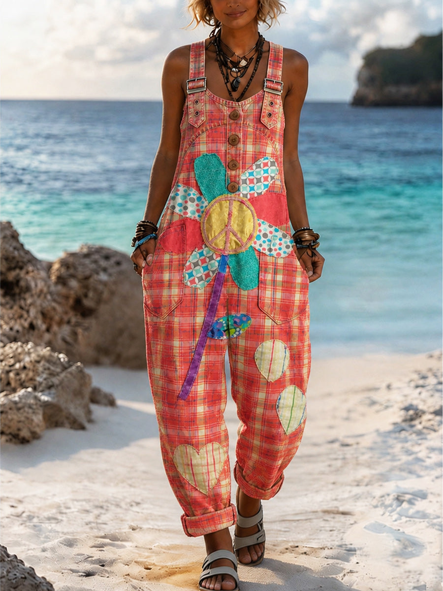 Women's Retro Style Art Print Washed Cotton Denim Patchwork Jumpsuit