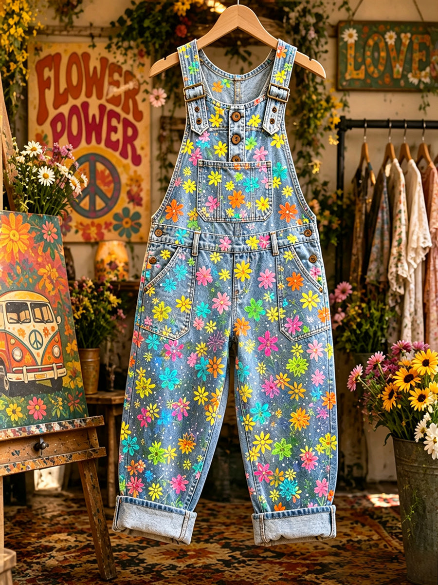 Women's Retro Style Art Print Washed Cotton Denim Patchwork Jumpsuit