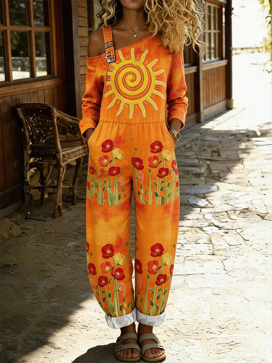 Women's Bohemian Casual Art Print Retro Washed Cotton Denim Patchwork Jumpsuit