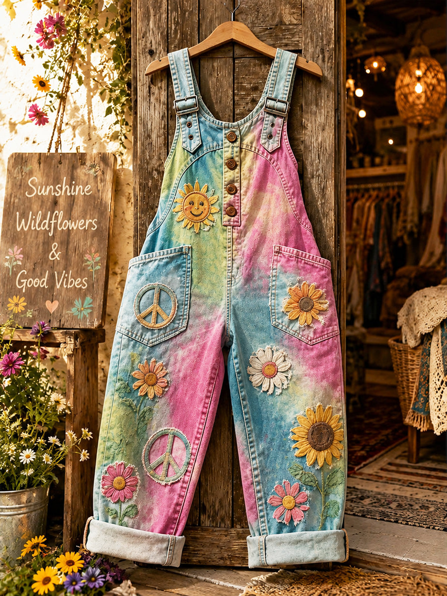 Women's Retro Style Art Print Washed Cotton Denim Patchwork Jumpsuit