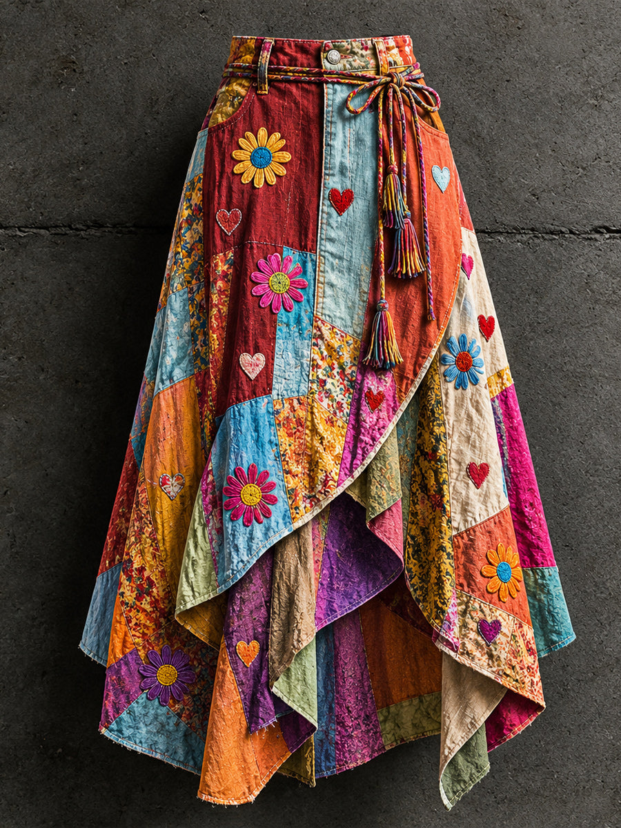 Women's Retro Style Art Print Irregularly Layered Stitched Skirt