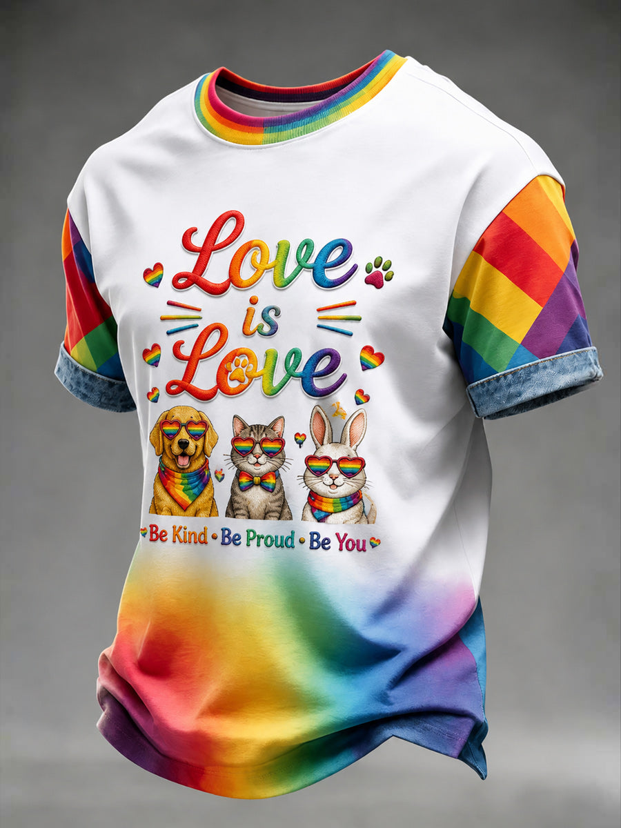 Retro Pride Month Rainbow Art Printed Round Neck Short Sleeves T-Shirt