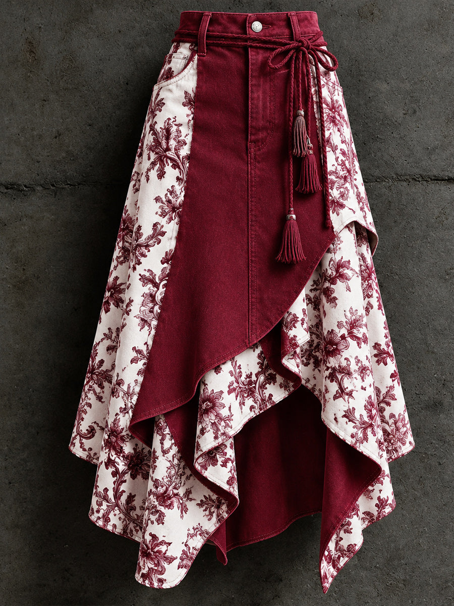 Women's Retro Style Art Print Irregularly Layered Stitched Skirt