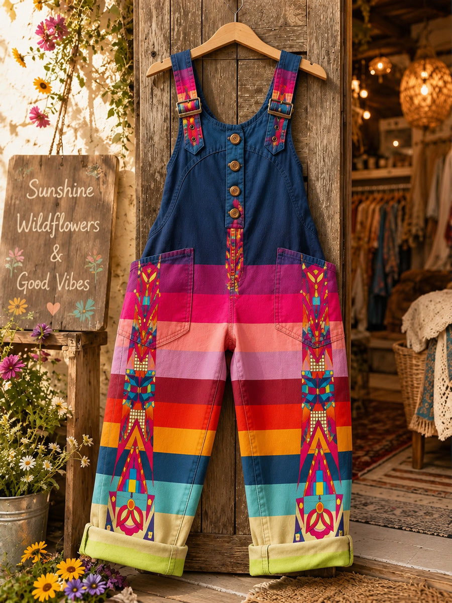 Women's Retro Style Art Print Washed Cotton Denim Patchwork Jumpsuit