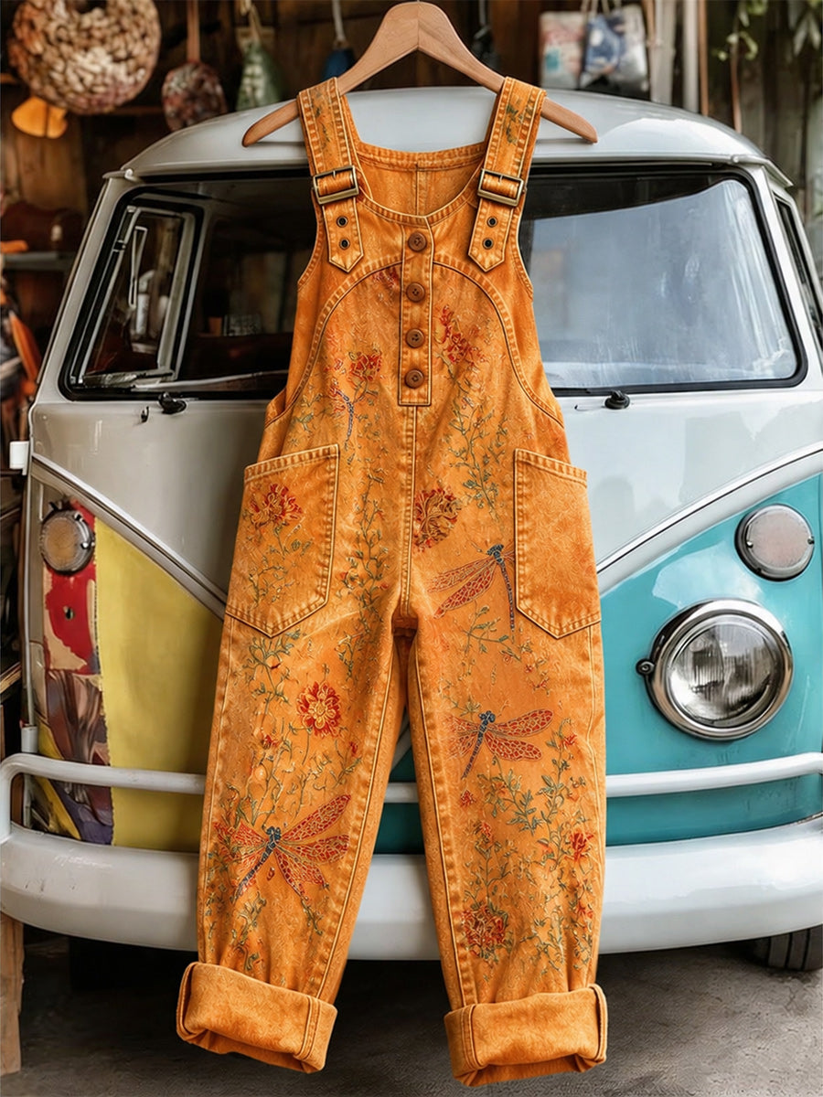 Women's Retro Style Art Print Washed Cotton Denim Patchwork Jumpsuit