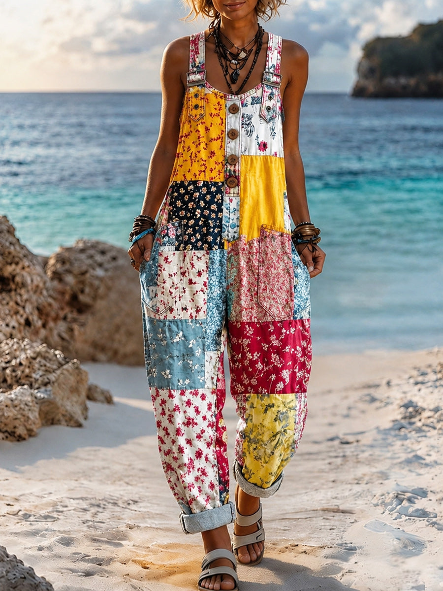 Women's Retro Style Art Print Washed Cotton Denim Patchwork Jumpsuit
