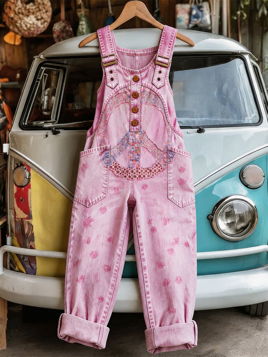 Women's Retro Style Art Print Washed Cotton Denim Patchwork Jumpsuit