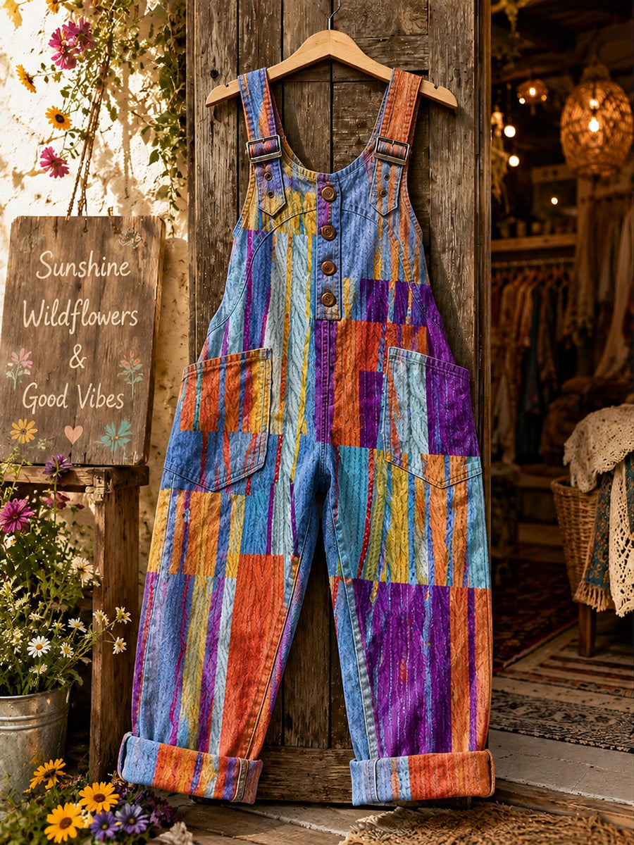 Women's Retro Style Art Print Washed Cotton Denim Patchwork Jumpsuit