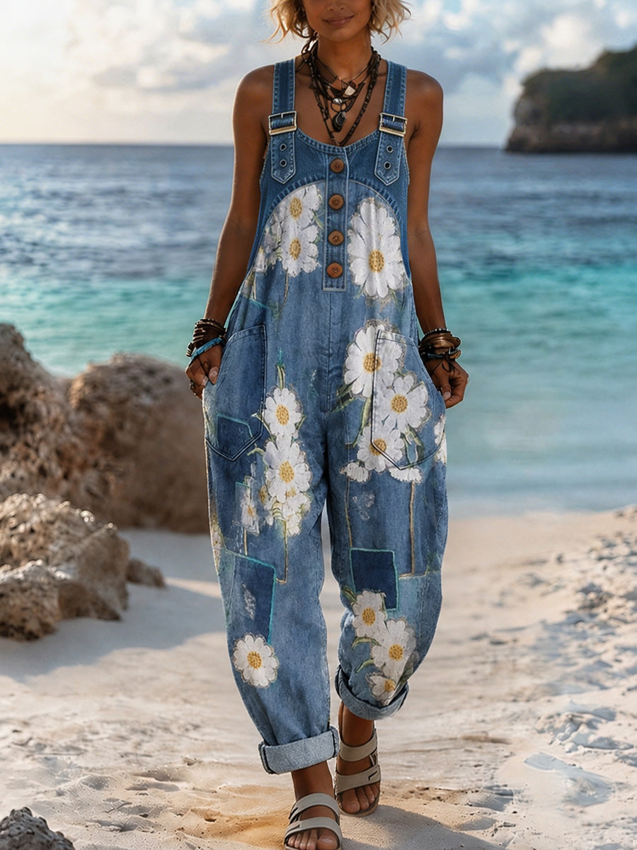 Women's Retro Style Art Print Washed Cotton Denim Patchwork Jumpsuit