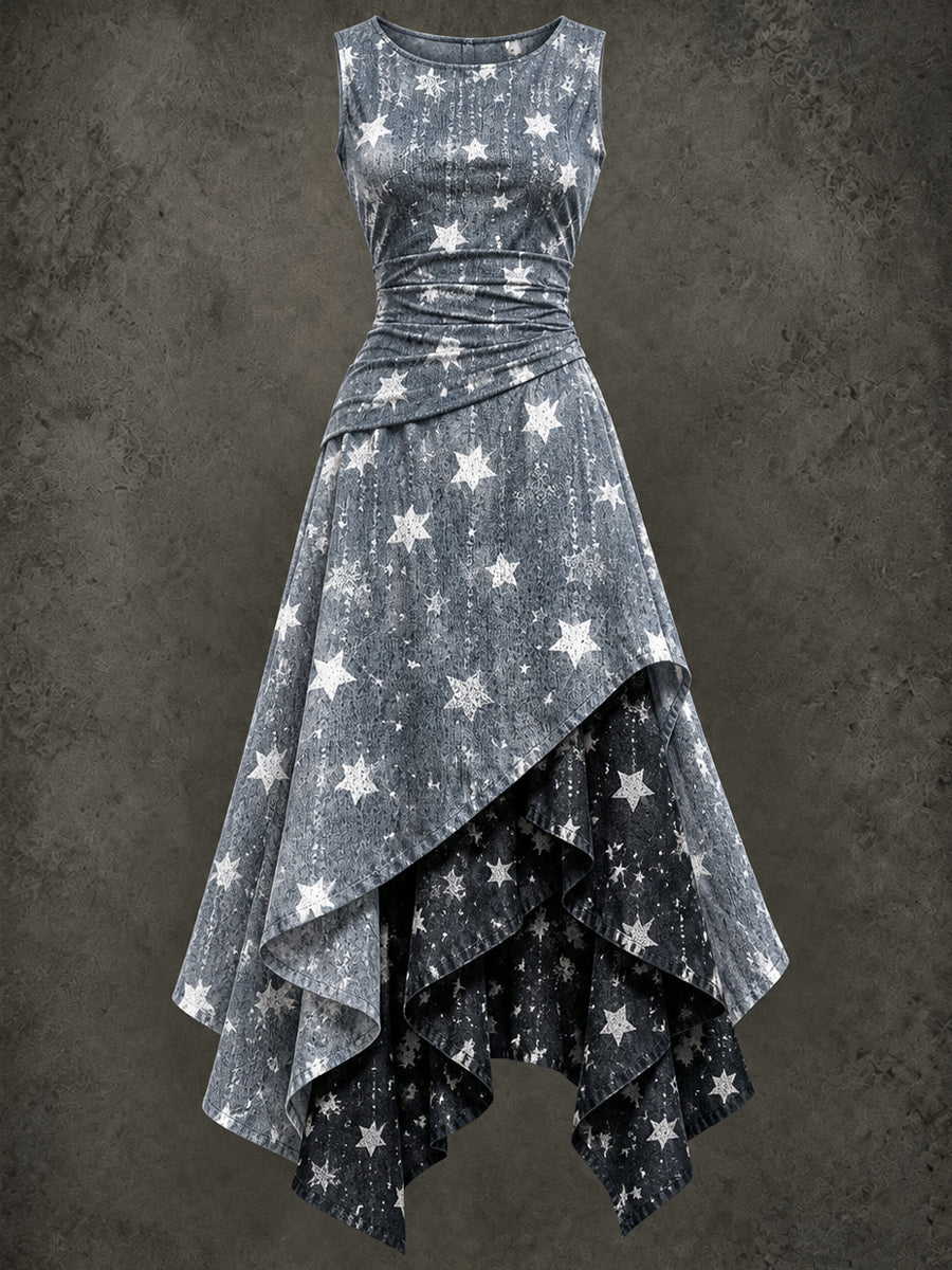 Retro Art Printed Vintage Sleeveless Irregularly Layered Stitched Midi Dress