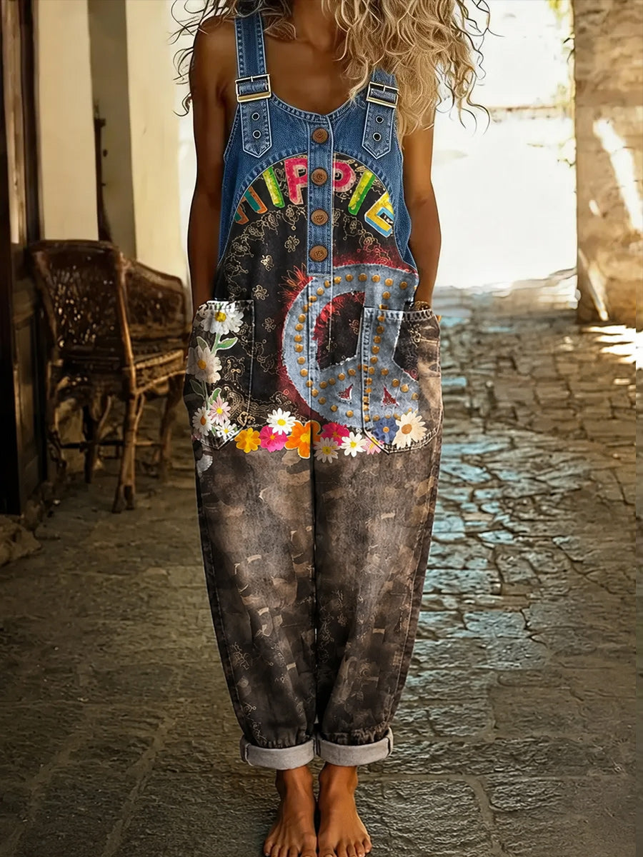 Women's Retro Style Art Print Washed Cotton Denim Patchwork Jumpsuit