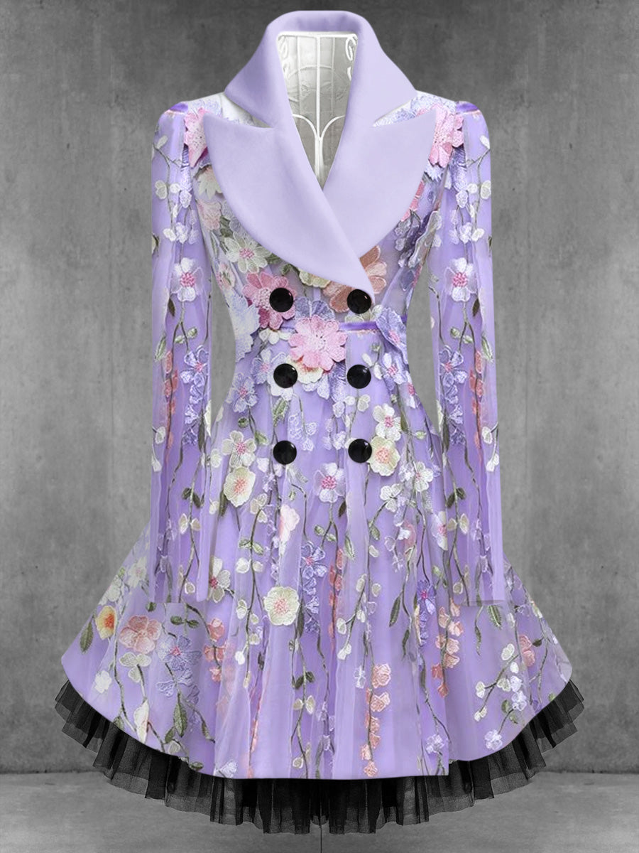 Retro Artistic Floral Print Vintage Elegance Lapel Button Up Long Sleeve Coat Dress