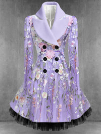 Retro Artistic Floral Print Vintage Elegance Lapel Button Up Long Sleeve Coat Dress