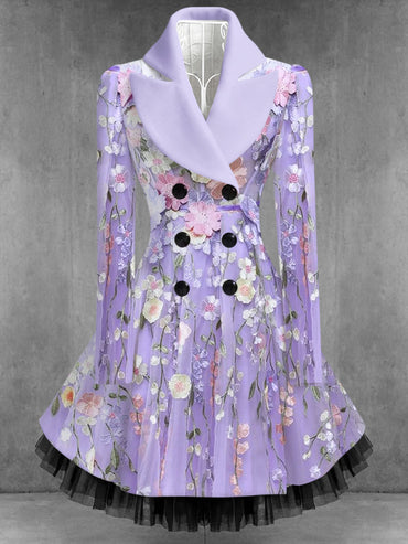 Retro Artistic Floral Print Vintage Elegance Lapel Button Up Long Sleeve Coat Dress