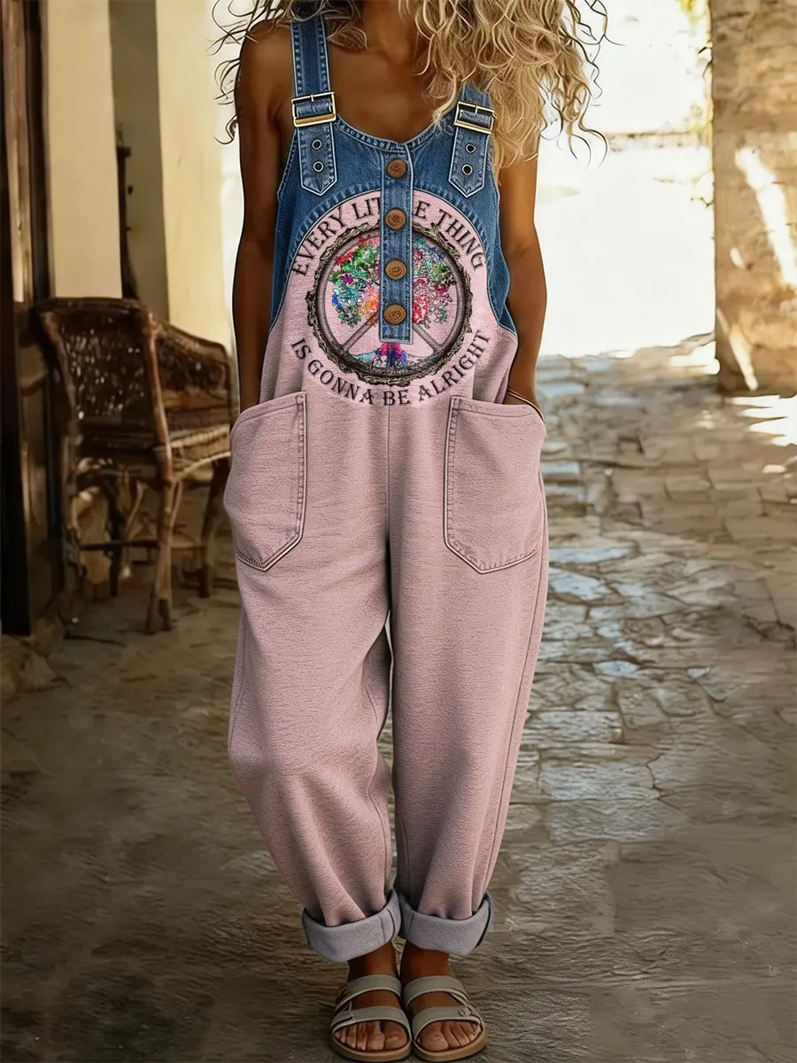 Women's Art-printed Hippie-patterned Washed Cotton Denim Patchwork Jumpsuit