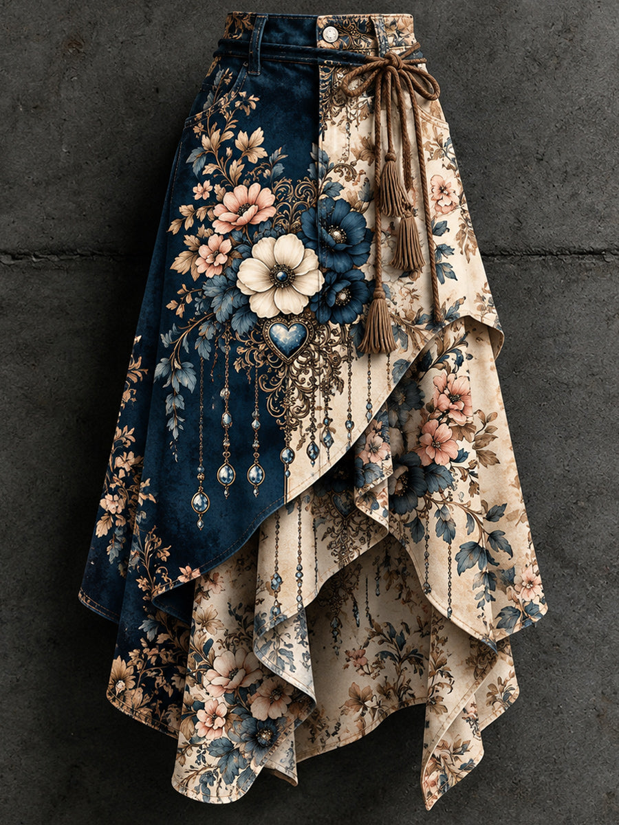 Women's Retro Style Art Print Irregularly Layered Stitched Skirt