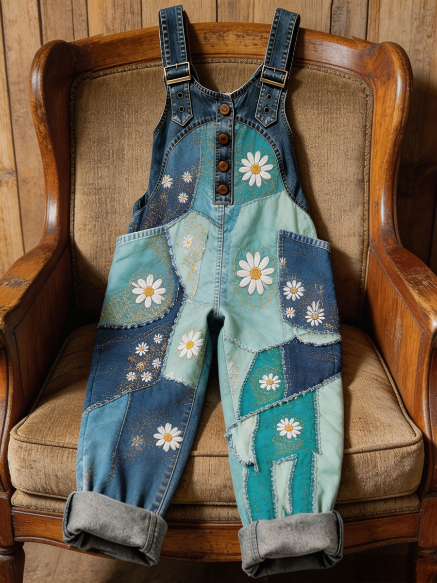 Women's Retro Style Art Print Washed Cotton Denim Patchwork Jumpsuit