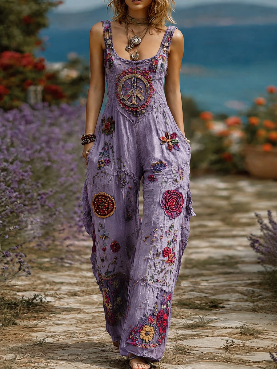 Women's Retro Style Art Print Washed Cotton Denim Patchwork Jumpsuit