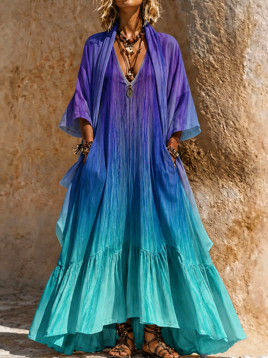 Retro Style Art Printed Vintage Camisole Dress Long Sleeve Two-Piece Maxi Dress
