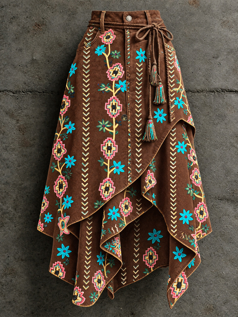 Women's Retro Style Art Print Irregularly Layered Stitched Skirt