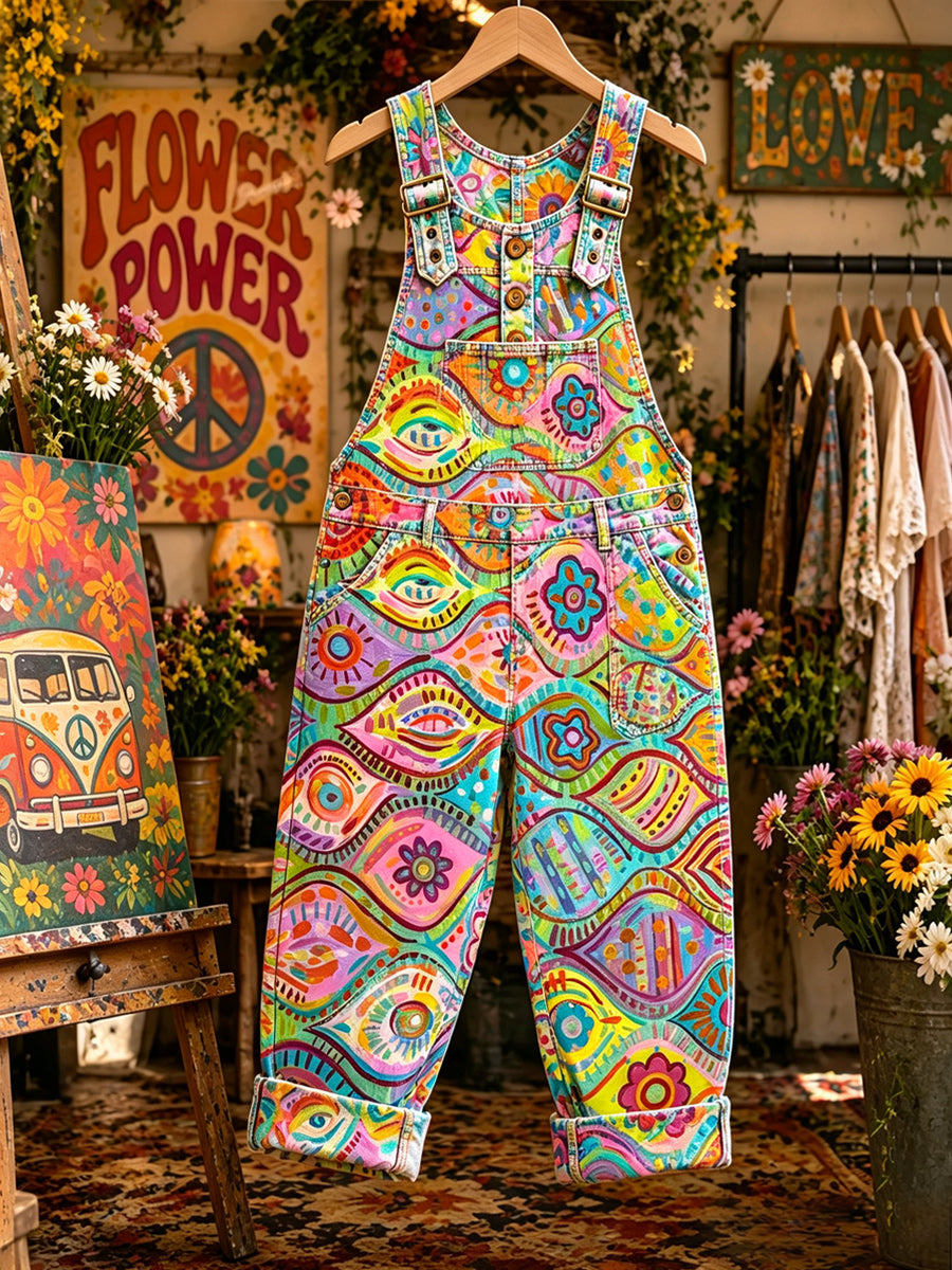 Women's Retro Style Art Print Washed Cotton Denim Patchwork Jumpsuit