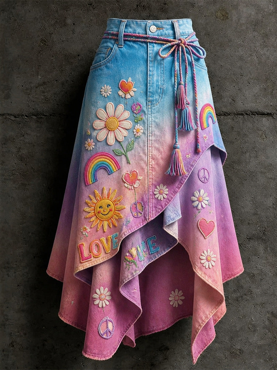 Women's Retro Style Art Print Irregularly Layered Stitched Skirt