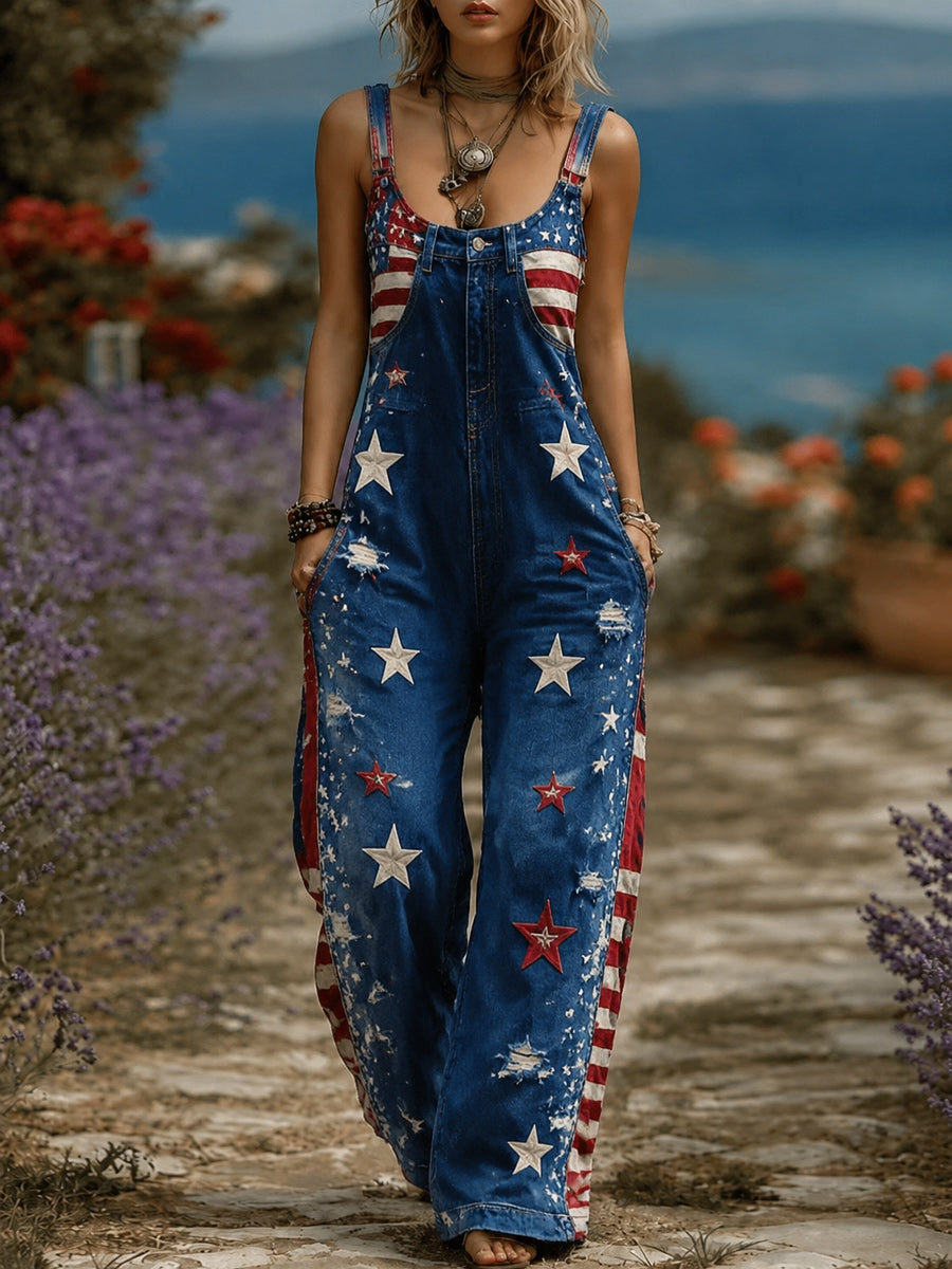 Women's Retro Style Art Print Washed Cotton Denim Patchwork Jumpsuit