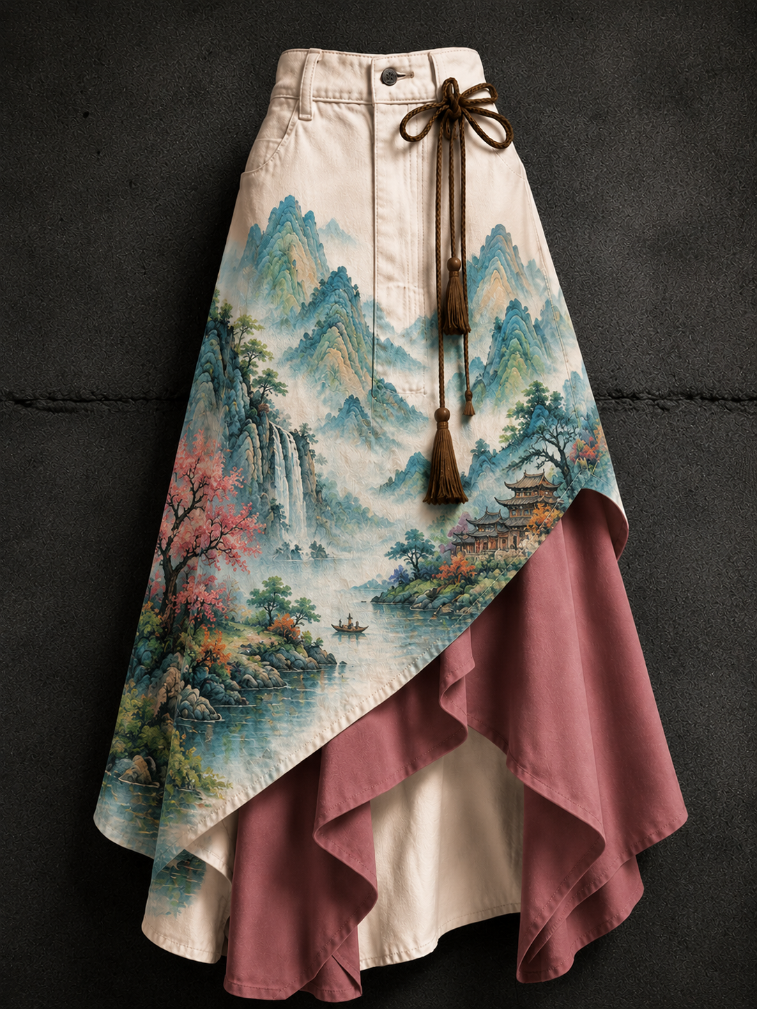 Women's Retro Style Art Print Irregularly Layered Stitched Skirt