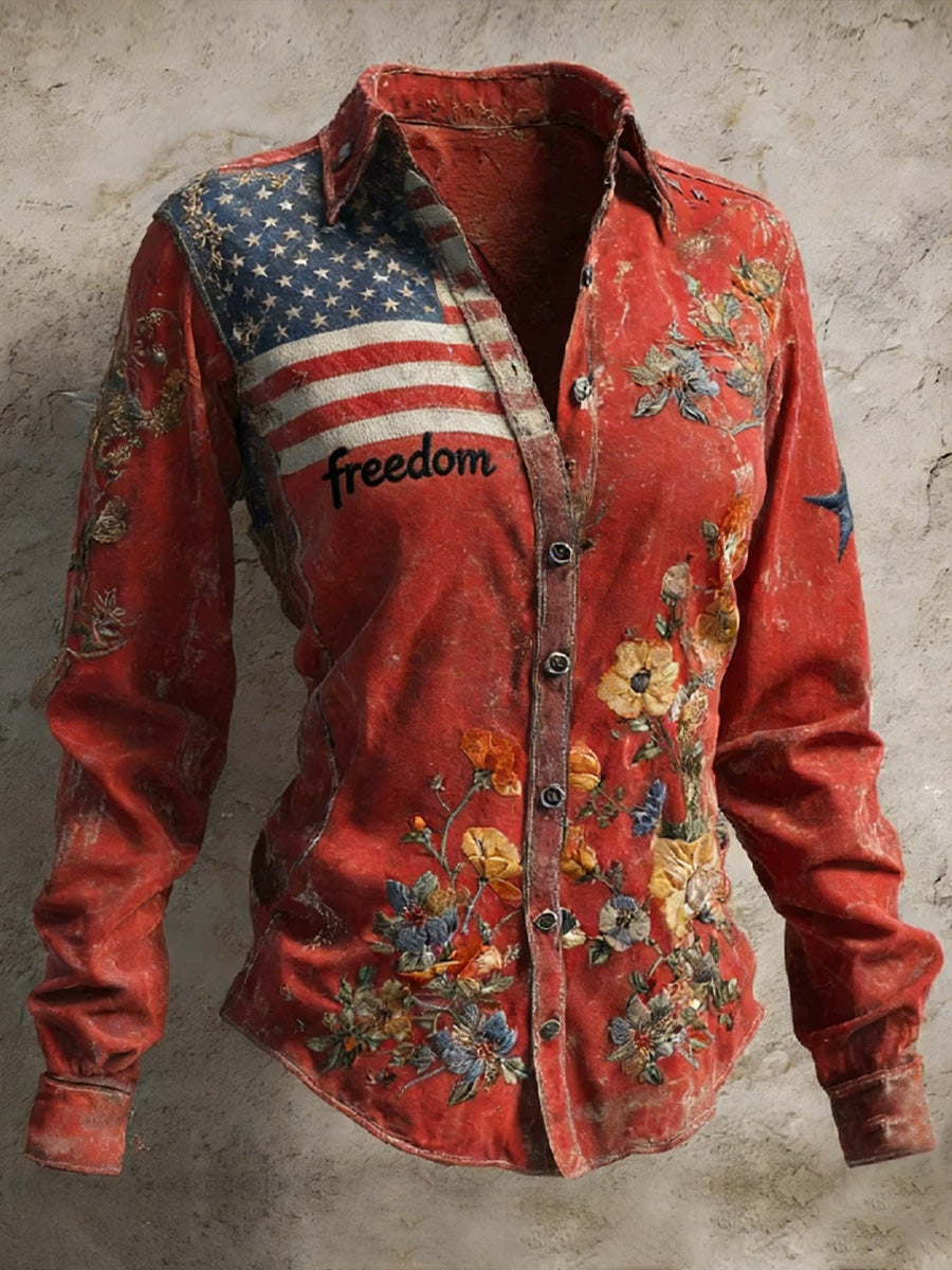 Women's Retro Casual American 250th Anniversary Print Vintage Long Sleeves Shirt