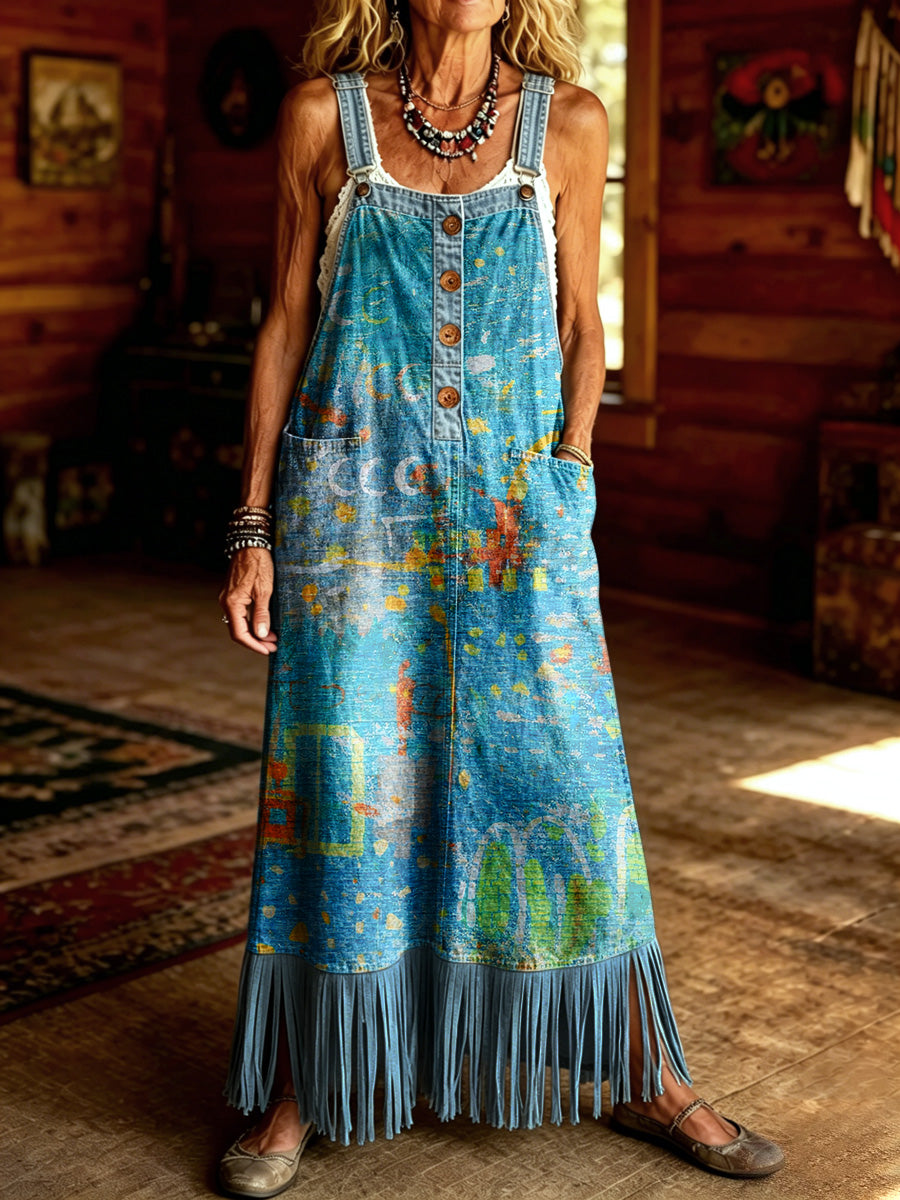 Women's Retro Style Floral Art Print Washed Denim Strap Tassel Maxi Dress