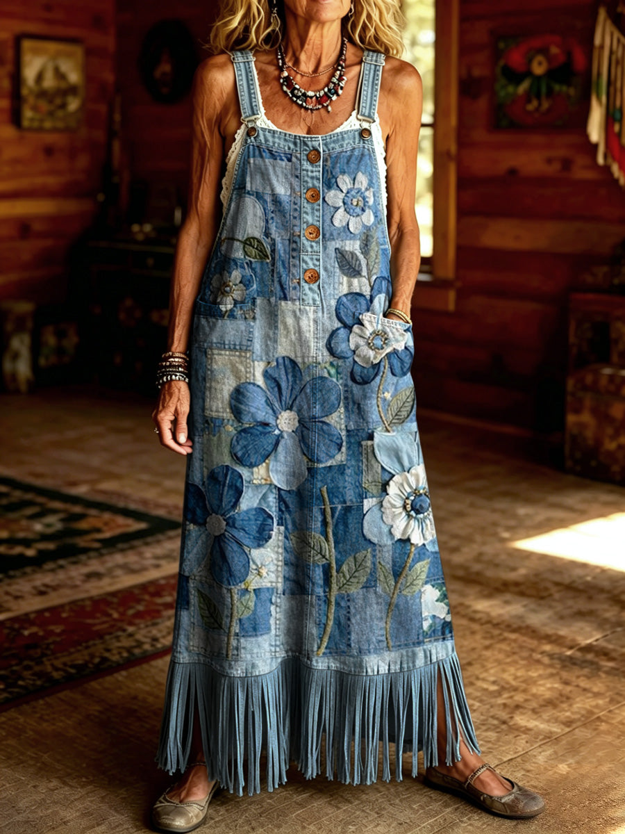 Women's Retro Style Floral Art Print Washed Denim Strap Tassel Maxi Dress