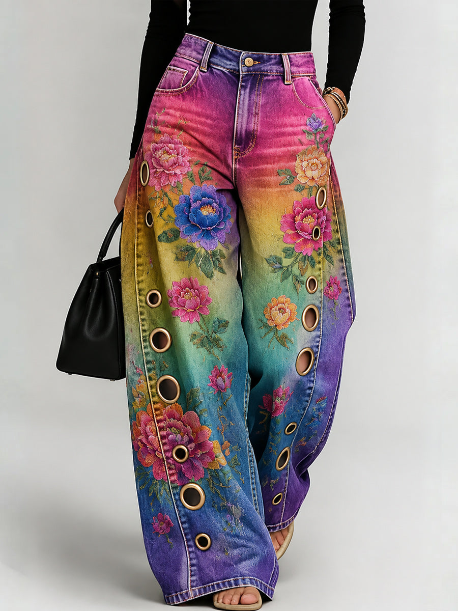 Women's Retro Style Art Print Casual  Hollow Wide Leg Pants
