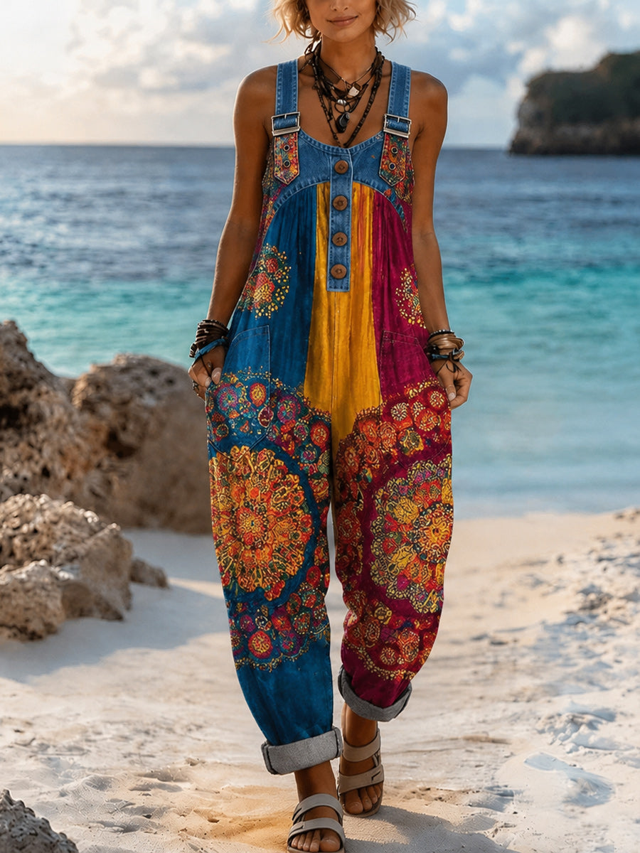 Women's Retro Style Art Print Washed Cotton Denim Patchwork Jumpsuit