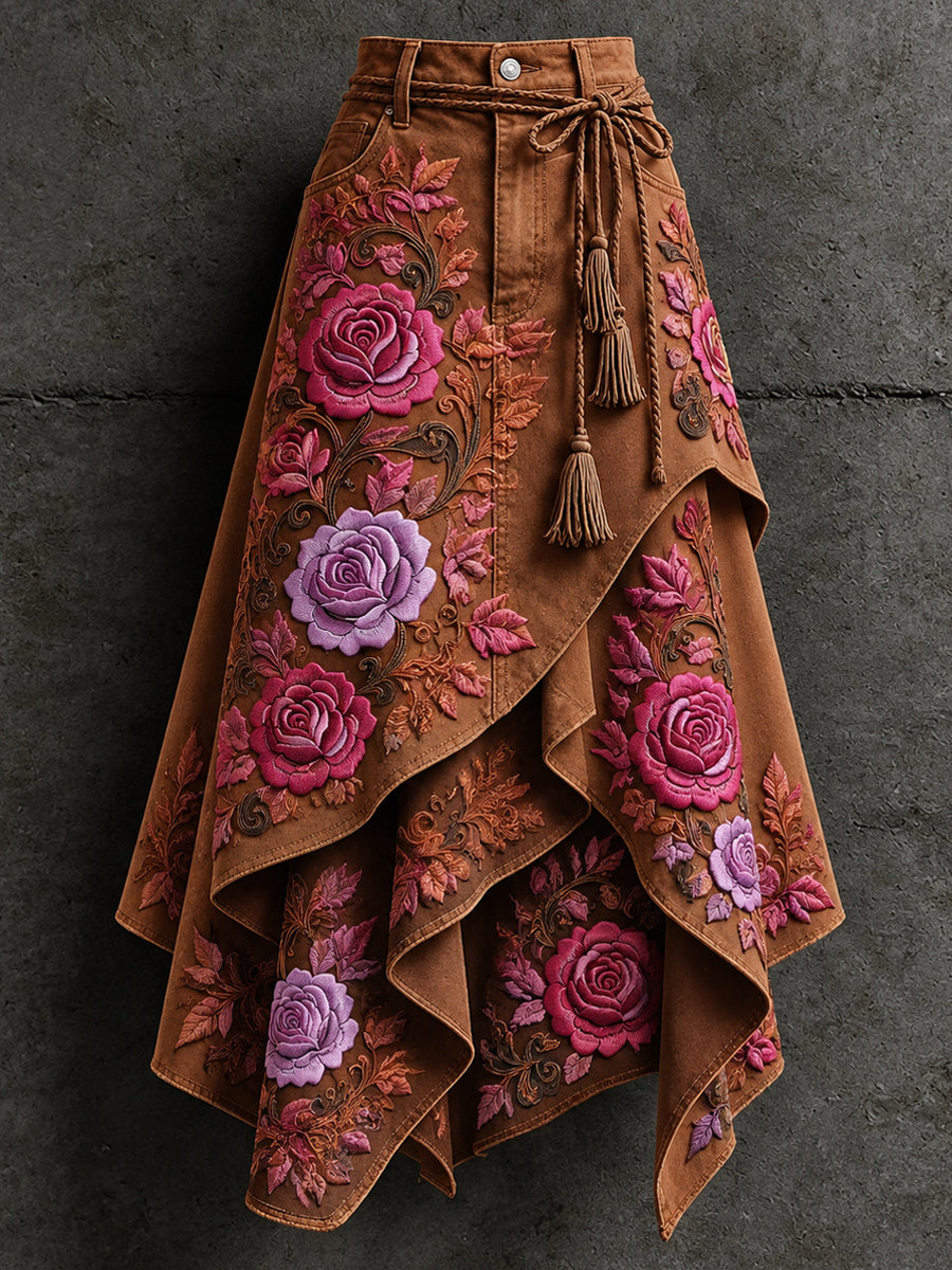 Women's Retro Style Art Print Irregularly Layered Stitched Skirt