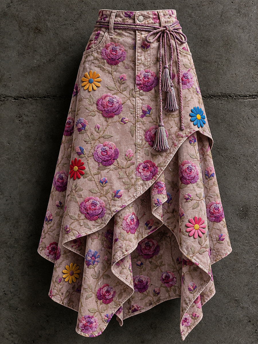 Women's Retro Style Art Print Irregularly Layered Stitched Skirt