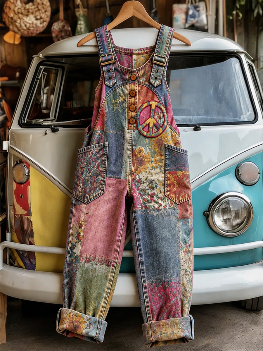 Women's Retro Style Art Print Washed Cotton Denim Patchwork Jumpsuit