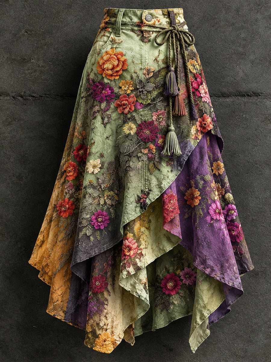 Women's Retro Style Art Print Irregularly Layered Stitched Skirt