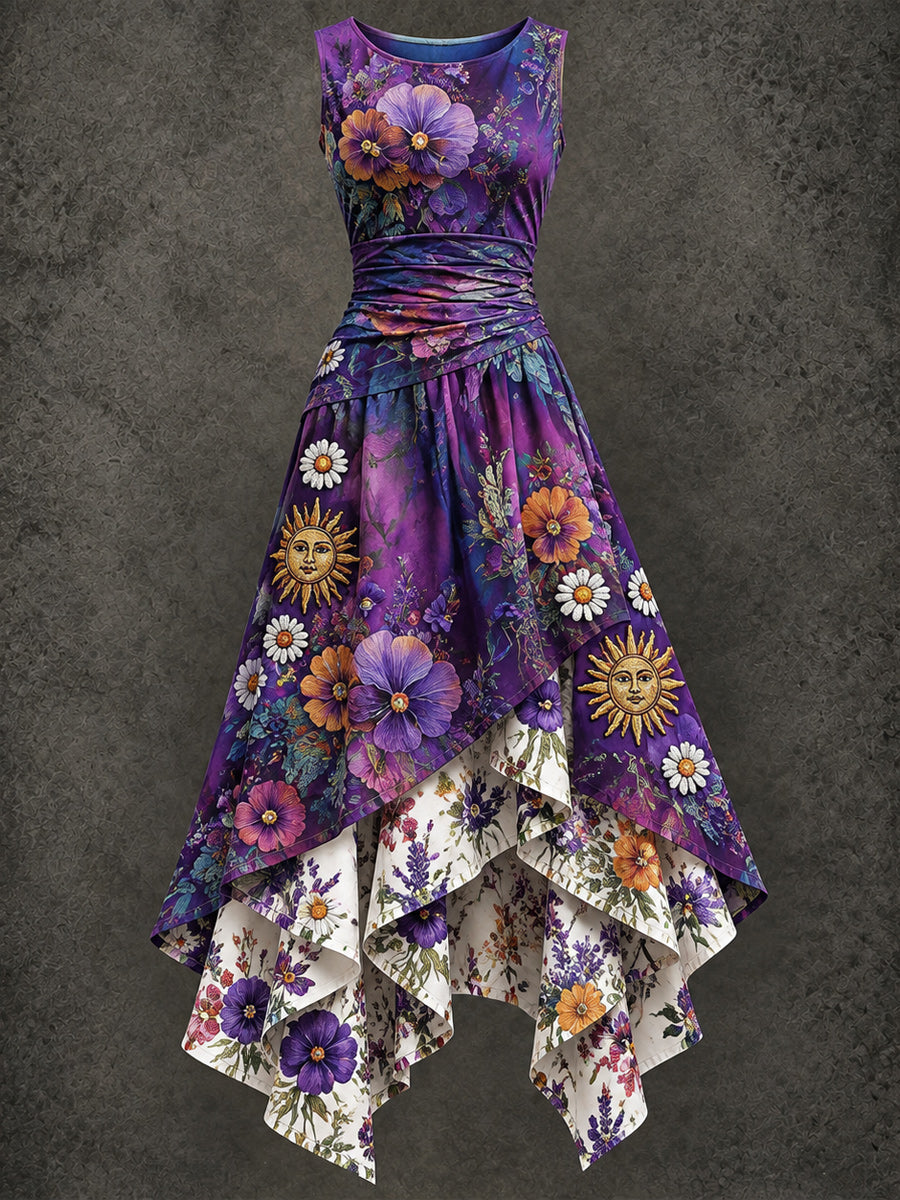 Retro Art Printed Vintage Sleeveless Irregularly Layered Stitched Midi Dress