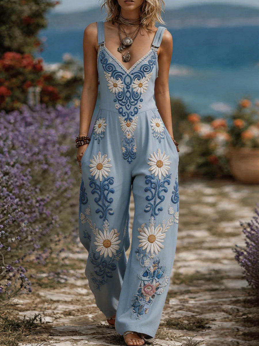 Women's Retro Style Art Print Washed Cotton Denim Patchwork Jumpsuit